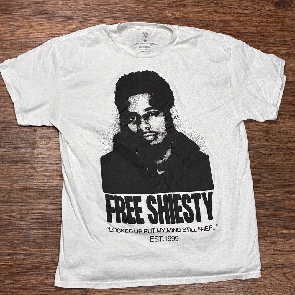 Pooh Shiesty Free Shiesty Rap T-Shirt Men's L White Hip Hop Streetwear Tee